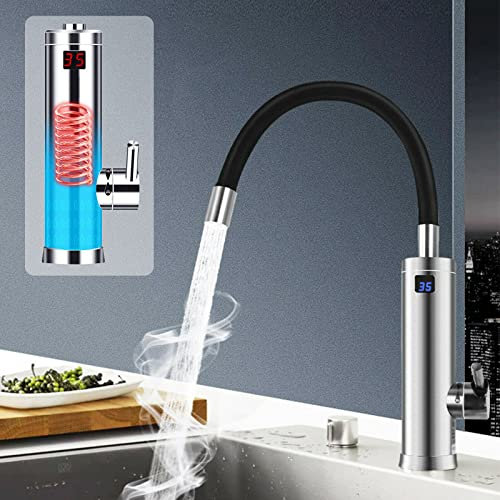 Elektrische Wasserhahn 3000W 220V, Schnelle Elektrische Warmwasserbereiter, 360° Drehbar Edelstahl Elektrischer Warmwasserhahn Spültisch Schnellheizungshahn für Küche, Garten, Bad, Wohwagen