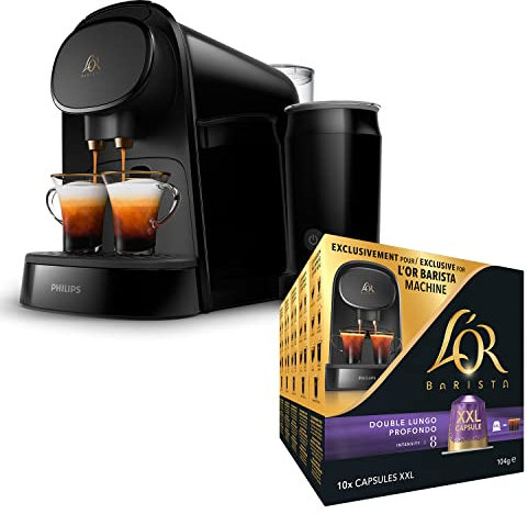 L'OR BARISTA Coffee Machine & Milk Frother by Philips with L'OR Double Lungo Profondo XXL 5X10 Double Shot Aluminium Coffee Capsules (Total 50 XXL Capsules) Intensity 8