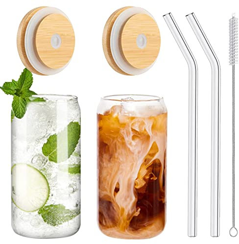 WISIMMALL Juego de 2 vasos con tapas de bambú y popote de vidrio, vasos de vidrio de 16 onzas con tapas y popotes, cerveza, vasos de café helado, refrescos, regalo 1 cepillo de limpieza