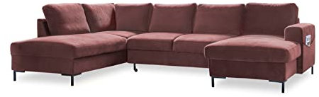 MIUFORM Ecksofa U Form mit Schlaffunktion und Bettkasten | Lofty Lilly | Wohnladschaft Couch Schlafcouch Wohnzimmer Gästezimmer | Samt Metallfüße (Koralle, Links ausgerichtet)