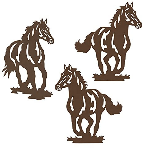 VividLadybug Metall-Pferde-Wandkunst, 23.6 cm, Set mit 3 rustikalen Pferden, Dekoration, zum Aufhängen für Wohnzimmer, Schlafzimmer, Badezimmer, drinnen und draußen, Wanddekoration, Braun