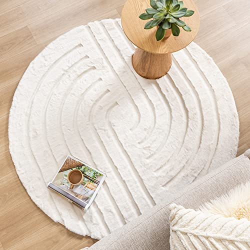 FRAAI | Home & Living Hochflor Teppich Rund - Carvy Curves Creme - Boho, Modern, Skandinavisch - Wohnzimmer, Esszimmer, Kinderzimmer, Schlafzimmer, Babyzimmer - Fellteppich - Carpet