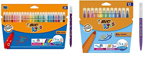 BIC Kids Filzstifte Kid Couleur, ab 5 Jahre Filzstifte Kid Couleur XL, Fasermaler zum Malen in 12 auswaschbaren Farben, mit dicker Spitze, im Karton Etui, ab 3 Jahre