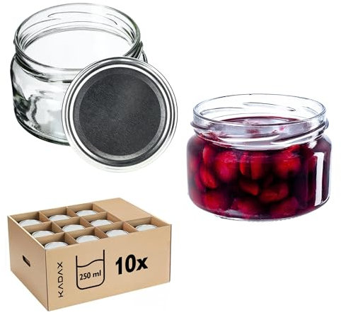 KADAX Set di 10 barattoli per marmellata da 250 ml con tappo a vite, Ø 82 mm, in argento, ermetici, lavabili in lavastoviglie, ideali per marmellate, chutney, verdure in salamoia, carne, torte e