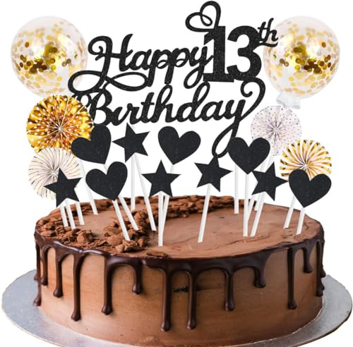 SNOWZAN Happy 13th Birthday Tortendeko Schwarz Gold 13 Jahre Mädchen Jungen Kuchendeko 13.geburtstag Cake Topper Tortendeko 13 Geburtstag Mädchen Tortendeko Stern Herz Für 13. Geburtstag Kuchen Deko
