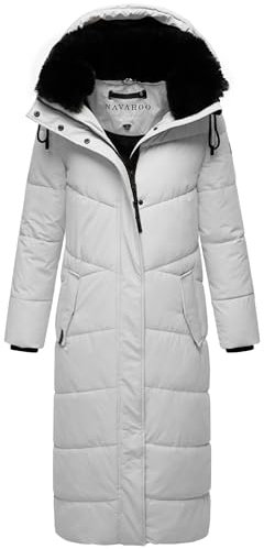 Navahoo Damen Wintermantel warmer Steppmantel extralang mit abnehmbarer Kapuze Hingucker XIV Light Grey Gr. M