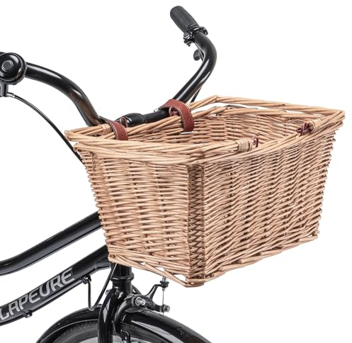 CXWXC Fahrradkorb – Original Fahrradkorb aus Weidengeflecht – handgefertigter gewebter Weidenkorb mit verstellbaren Lederriemen (Natur)