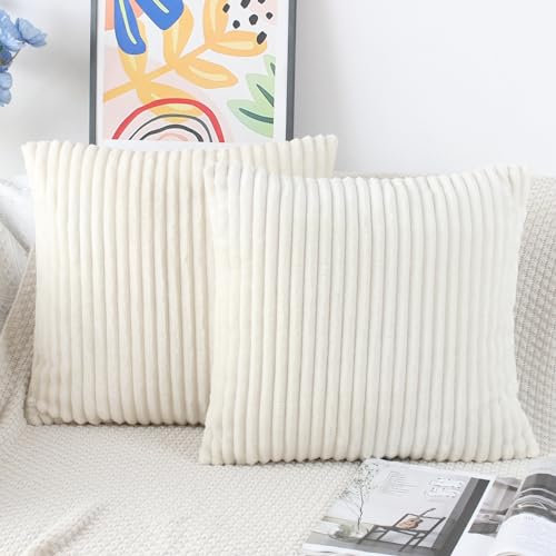 NIULAA Beige Cord Kissenbezug 45x45 Kissenbezüge Kordsamt 2er Set Gestreift Plüsch Kissenhülle Flauschig Deko Kissen Bezüge Quadratisch Kord Sofakissen Zierkissen Wohnzimme