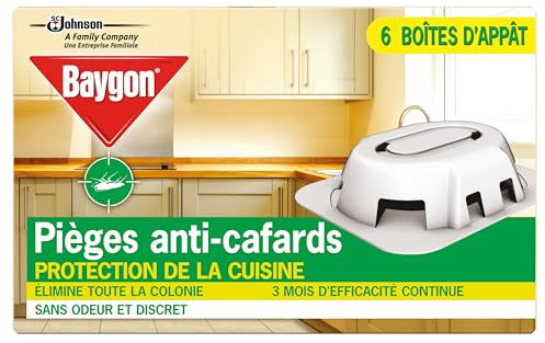 Baygon Pièges Anti-Cafards - Protection de la cuisine - 3 Mois d'Efficacité Continue - Sans Odeur - 6 Boîtes d'Appât
