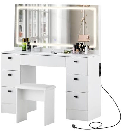 TUKAILAI Weißer Schminktisch mit Ladestation, Frisiertisch mit LED-Leuchten, großer Spiegelfläche, weich gepolstertem Schminkhocker und 7 schubladen, für großen Kosmetiktisch für Frauen