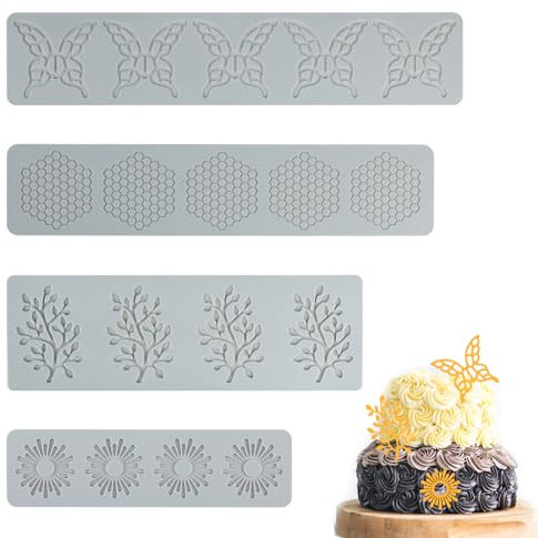 4 Pezzi Stampo Silicone per Decorare Torte, Tappetino in Pizzo Stampi Fondente Rami Frondosi Lace Torta Accessori Utensili Forno Pasticceria per Goffratura Cupcake Candy Cioccolato Zucchero Burro