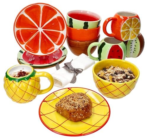 MamboCat Tutti Frutti 12tlg Frühstücksset I Je 4x kleine Teller, Schalen & Kaffeebecher für 4 Personen mit Früchte-Dekor I Melone, Orange, Ananas & Kiwi I für Frühstücks- & Kaffeezeit