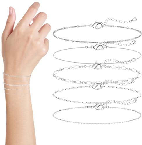 Bzzerumy 5 Pieces Bracelet Women's Silver Chains,Bracelets for Women Girls Bracelet Herringbone Chain Bracelets Adjustable Fashion Jewellery Bracelet Set