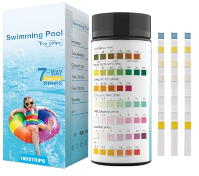 Ueomul Tira pH Piscina Spa 7 en 1, 100pcs Tira Reactivas para probar con precisión Dureza, Alcalinidad total, ácido cianúrico, Cloro Total, Cloro Libre, el Bromo y pH