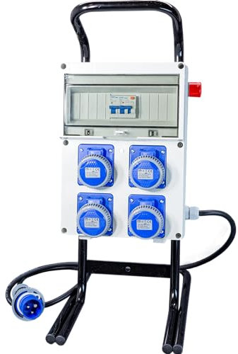 ELETTROWATT - Quadro Elettrico di Distribuzione Industriale da Cantiere ASC Portatile su cavalletto - 4 Prese 220V 16A IP67 - Pulsante di Sicurezza a Fungo - Quadro Monofase 16A Con Supporto d'Acciaio