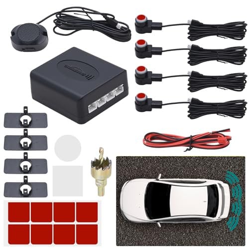 KAOLALI Auto Einparkhilfe 4 Hinten Sensoren, Universal Auto Parksensoren Rückwärtsparkhilfe Einparksystem Audio Buzzer Alarm für Auto, Rot