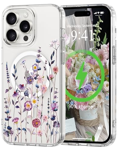 L-FADNUT Magnetisch Handyhülle für iPhone 15 Pro Hülle Kompatibel mit MagSafe, Transparent Blumen Muster Schutzhülle Hart PC Rückseite Dünne Stoßfest Kratzfestes Case für iPhone 15 Pro, Bunt