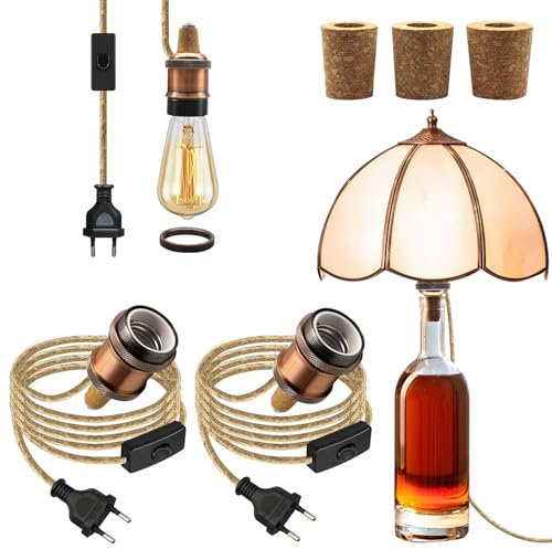 Lampenfassung für Flaschen, 2 Stück E27 Fassung aus Messing mit Kabel und Schalter 240cm, Bronze Flaschenadapter Lampe Kit, DIY Flaschenlampe Aufsatz LED für Tischlampe, Keramik Fassung Flaschenlampe