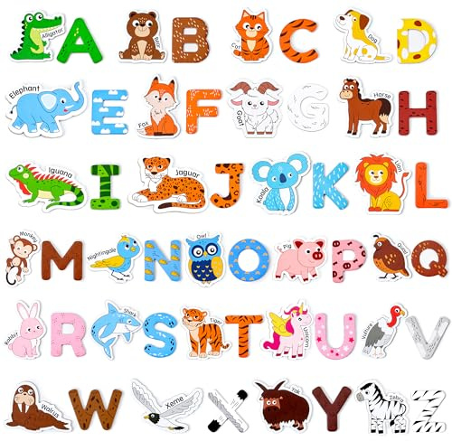 JoyCat Imanes Nevera Niños, 26 Letras Magneticas y Imanes Animales, Juego de Imanes de Abecedario para Niños, Juguete Educativo de Letras Magnéticas para Preescolar, Regalo Niño 2 3 4 5 años