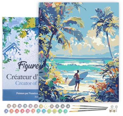 Figured'Art Peinture par Numéro Adulte avec Cadre Journée ensoleillée à la plage - Activité Manuelle Kit de Loisir Créatif DIY Numéro d'Art Complet - 40x50cm toile tendue sur châssis