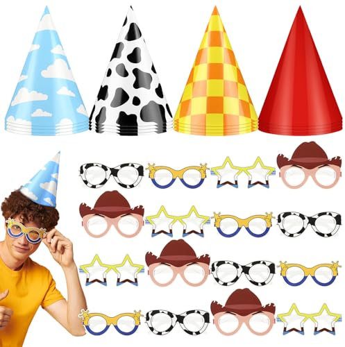 Sonwyoung 32 Pcs Cartoon Style Party Supplies 16 Pcs Birthday Inspired Party Cone Hats and 16 Pieces Cartoon Style Paper Eyeglasses Birthday Decorations
