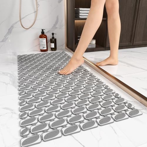 XIYUNTE Large Shower Mat Non Slip Anti Mould for Elderly- 90 x 40cm Non Slip Shower Mat for Inside Shower, Non Slip Bath Mat with Suction Cups & Drain Holes, Cut-to-Fit Bathtub Mat, Dark Grey