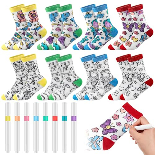 Jadive 8 Paare Socken zum Bemalen für Kinder Geschenk Einschulung | Schulkind Socken 25- 34 Bastelideen Kindergeburtstag für Kinder und 16 Marker zum Ausmalen für Mädchen Jungen 6-10 Jahre