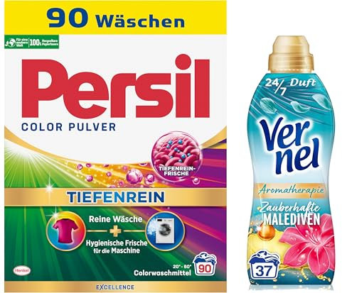 PERSIL Color Pulver Tiefenrein (90 WL) - Colorwaschmittel für reine Wäsche und hygienische Frische - effektiv von 20 bis 60°C & VERNEL Aromatherapie Zauberhafte Malediven Weichspüler (37 WL)