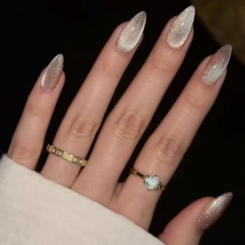 KQueenest Cat Eye Press on Nails Almond Medium, Glazed Glitter Nude False Nails Medium Stiletto, Shiny Bling Acrylic Fake Nails Set Sparkly Stick on Nail for Women Wedding Finger Decoration 30 Pcs