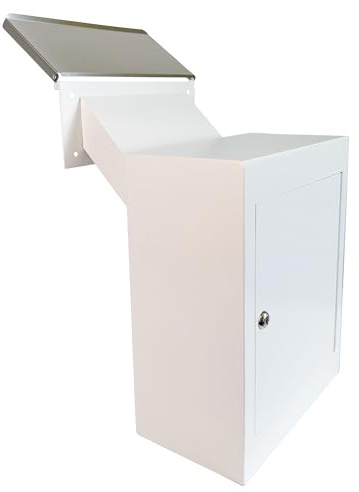 Plugsharge Through-the-Wall Locking Mailbox with Anti-Fishing Chute | Heavy-Duty Steel Mail Drop Box with Rainproof Cover & Adjustable Sleeve for Homes, Offices & Apartments, White
