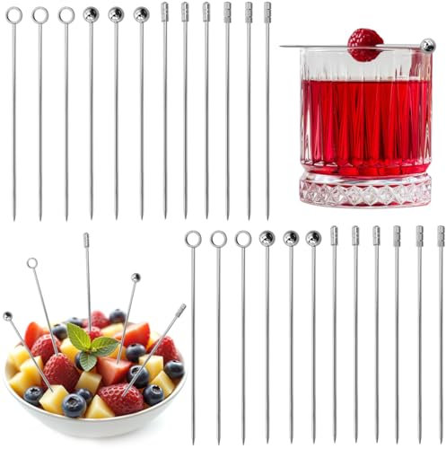 VGECEE 24 PCS Palillos de Cóctel Púas para Cócteles Reutilizables Palitos de Cóctel de Acero Inoxidable Brochetas de Cóctel de Acero Inoxidable Palillos de Frutas Reutilizable para Aperitivos