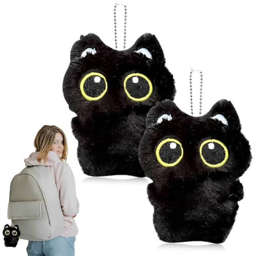 HABNI 2 Stk Gefüllter Katzen-Plüsch-Schlüsselanhänger, schwarze Katze Plüsch - Schwarze Katze Plüsch-Cartoon-Plüsch-Schlüsselanhänger,Schwarze Katze Stofftier Plüsch Schlüsselzubehör