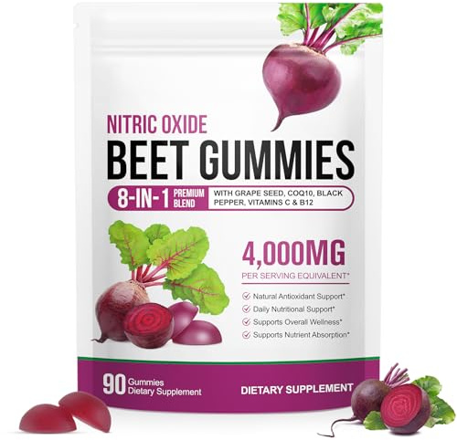 Beet Root Gummies for Blood Pressure, Nitric Oxide Booster, Heart Health, Energy Level Suport | with CoQ10 & 20:1 Beet Root Extract, Grapeseed Extract, Vitamin B12/C, Sugar-Free | 90 Chews