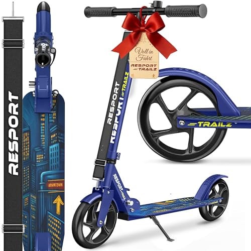 RE:SPORT® Cityroller für Kinder & Erwachsene mit Klingel & Tragegurt | Tretroller Scooter höhenverstellbar & klappbar bis 100 kg | Kickscooter mit rutschfestem Deck | Kinderroller große Räder