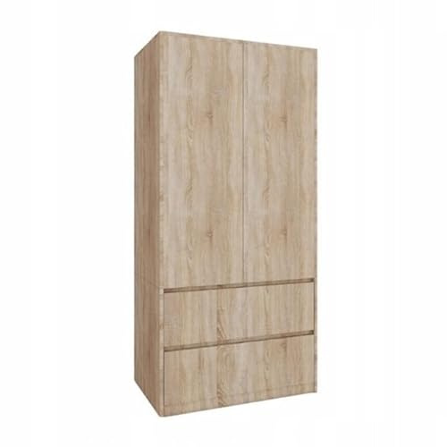 SerwisBox Moderner Kleiderschrank in Sonoma Eiche, 90cm Breit, 180cm Hoch, Laminierte Platte, 2 Schubladen, 2 Türen mit Kleiderstange und Einlegeböden, Schlafzimmerschrank