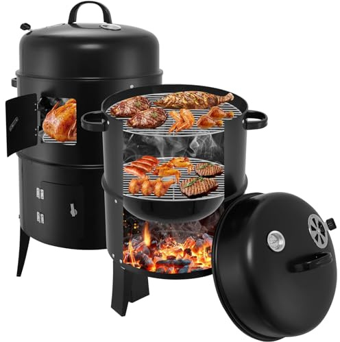 Dibaful 3 IN 1 Holzkohlegrill Smoker Räucherofen Grill mit Thermometer und Regulierbarem Luftabzug am Deckel | Räuchertonne Wasserschale zum Dampfgaren Holzkohle Grill mit Kohleschale Ascherost