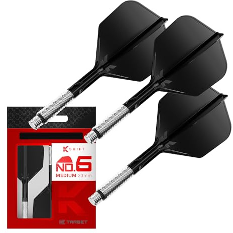 Target Darts K-Shift No.6 Integrated Flights & Shafts | K Shift No.6 Flight & Shaft System, Weiß/Transparent/Schwarz – K-Flex Short/Intermediate/Medium Shift Spin Base, professionelles Dartzubehör