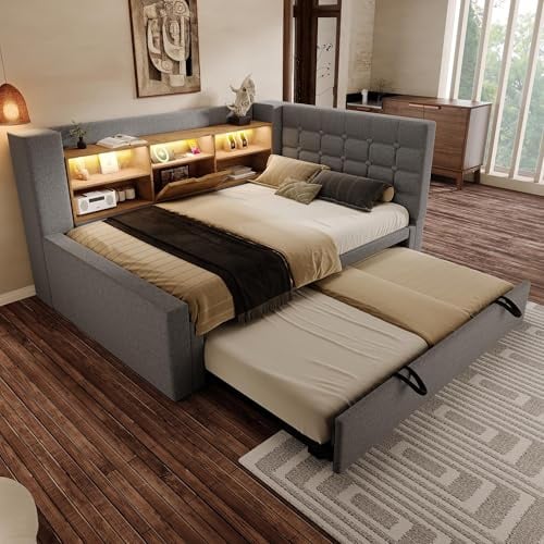 Yrxin Polsterbett mit LED-Beleuchtung 90x200cm, Mit Ausziehbett 90x190cm, Struraumbett, L-förmigem Kopfteil mit Stauraum, beidseitig montierbar, Lattenrost, Leinen (Grau, 90x200CM)