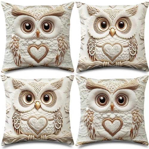 Bigqin Kissenbezug Eule 4er-Set, Weiche Zierkissenbezüge Sofakissen, Pillow Cover Kissenhülle Dekokissenbezug mit Reißverschluss, Waschbar Dekokissenbezug für Schlafzimmer - 45 x 45 cm