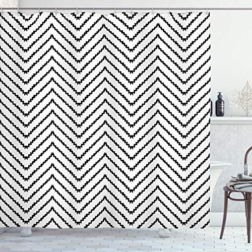 ABAKUHAUS Modern Duschvorhang, Zig Zag Dreieck Print, Stoffliches Gewebe Badezimmerdekorationsset mit Haken, 175 x 180 cm, Schwarz und weiß