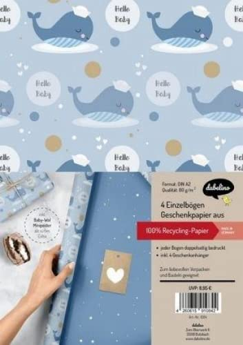 Geschenkpapier-Set zur Geburt für Baby-Jungen: Motiv Wal: 4x Einzelbögen + 4x Geschenkanhänger
