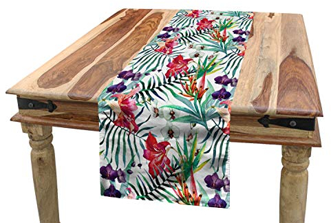 ABAKUHAUS Bunt Tischläufer, Tropische Orchideen, Esszimmer Küche Rechteckiger Dekorativer Tischläufer, 40 x 180 cm, Lila Grün