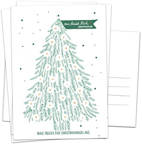 Adventskalender Karten Set - 5 Postkarten im geschmackvollen Design mit Baumkugeln zum Ausmalen, Mini Adventskalender als Weihnachtskarten Alternative für Advent & Weihnachtsgrüße, Grün Weiß