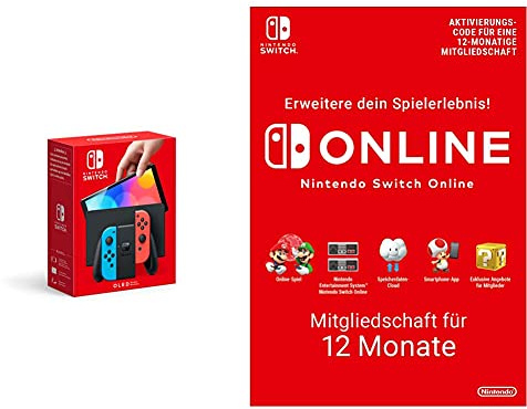 Nintendo Switch (OLED-Modell) Neon-Rot/Neon-Blau + Switch Online Mitgliedschaft - 12 Monate (Nintendo Switch Download Code)