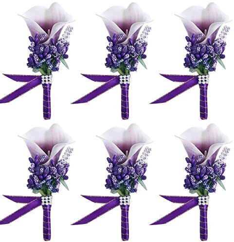 Febou Calla Lily Boutonniere - Juego de 6 boutonniere para hombre, hecho a mano, Picasso, lirio de cala, novio, padrino de boda, aniversario (morado)