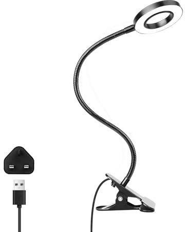 Desk Clip on Lamp for Reading Home Office, with 5V 2A Adapter, 10 Dimmable Brightness 3 Modes, Clamp Light for Bed Headboard, Craft, Computer, (Black)