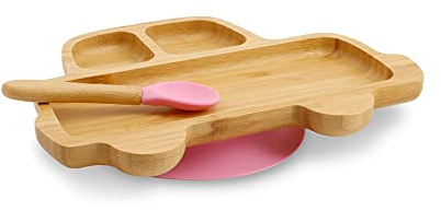 BIOZOYG Bambus-Teller-Set Auto I Teller Saugnapf mit Löffel – FSC-zertifiziert I niedliches Set aus Schüsseln aus Bambus für Kinder – Teller für Kinder I Baby Geschirr Bambus Rosa