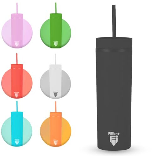 Filliano Bicchiere con cannuccia a doppia parete, Tumbler per bevande 473ml/16oz, Bicchiere in acrilico per Caffè, Tè, Sport, Ufficio, Borraccia con cannuccia , Skinny Tumbler con tappo (Nero)
