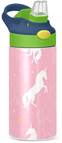 Tazza termica con motivo a unicorno, con stelle e nuvola e cuori su tazza rosa con coperchio e cannuccia, in acciaio inox, a doppia parete, senza BPA, isolante, sottovuoto, 334,5 g