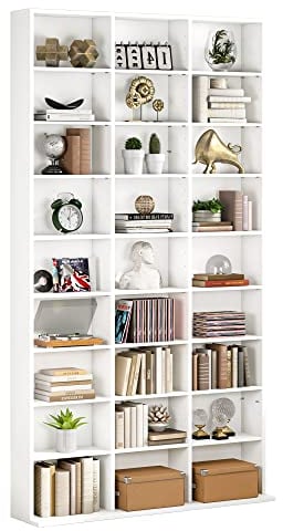 FirFurd Tall Bookcase CD DVD Storage Unit Tower Wooden Display Rack with Adjustble Shelves 27 Storage Compartments White Bookshelf 102.5x23.5x190cm
